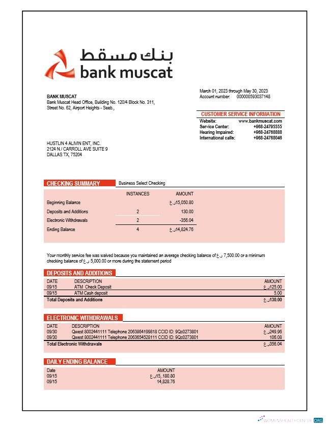 Download Bank Muscat enterprise account statement Word and PDF template Photoshop template